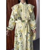 Neşeli butik kadın sarı fırfır detaylı çiçek desenli atlas kumaş düğmeli tasarım elbise NBMS26102