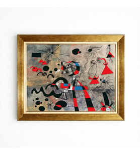 Tablore Joan Miró Tarzı Soyut Sürrealist Gold Çerçeveli Tablo Salon Ofis Duvar Dekorasyonu Kanvas