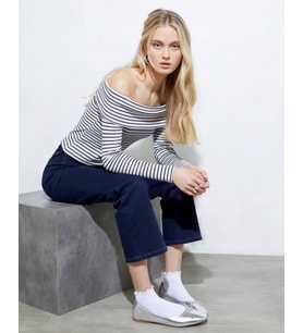 Lacivert Çizgili Beyaz Bardot Kadın T-shirt