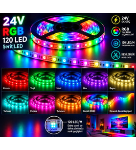 24 Volt 10 mm RGB 5050 SMD İç Mekan Silikonsuz 120 Ledli 5 Metre Şerit Led