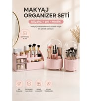 Pembe Çekmeceli Makyaj Organizer, 360° Dönebilen ve Fırça Düzenleyici Set
