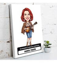 Ukulele Sanatçısına Hediye Kadın Karikatürlü Kanvas Tablo