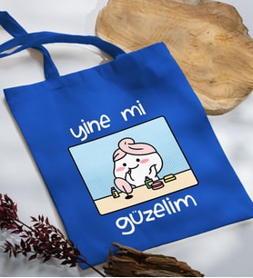 BK Gift Yine Mi Güzelim Tasarımlı Mavi Kumaş Bez Çanta, Baskılı Omuz Çantası, Alışveriş Çantası, Arkadaşa Hediye-1