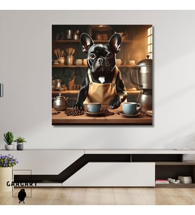 Kare Kanvas Kahve Köşesi Cafe Tablosu Barista Siyah French Bulldog