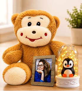 Kişiye Özel Fotoğraflı LED Işıklı Penguenli Fanus ve Sevimli Peluş Maymun Sevgiliye Kadına Hediye