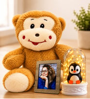 Kişiye Özel Fotoğraflı LED Işıklı Penguenli Fanus ve Sevimli Peluş Maymun Sevgiliye Kadına Hediye