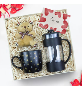 Siyah Kar Tanesi Kupa & Siyah French Press & Ayıcık Anahtarlık Hediye Seti