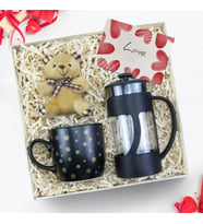 Siyah Kar Tanesi Kupa & Siyah French Press & Ayıcık Anahtarlık Hediye Seti