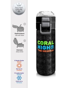 Coral High 500 ml Paslanmaz Çelik Okul Termosu/Suluk/Matara - Erkek Çocuk - Siyah Drone Desenli  - Sızdırma Yapmaz