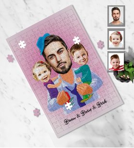 Kişiye Özel Babalar Günü Baba Kız Erkek Kardeş Karikatürlü A4 99 Parça Puzzle Model-1