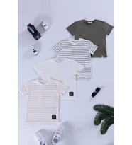 4'lü  Etiket Detaylı Cizgili Taş Yeşil Tshirt