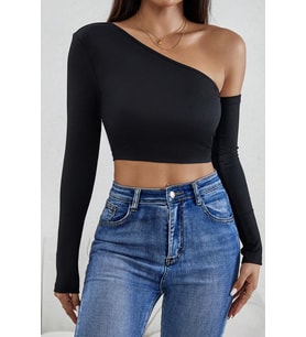 Kadın Siyah Tek Omuz Detaylı Uzun Kol Crop Top Bluz
