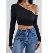 Kadın Siyah Tek Omuz Detaylı Uzun Kol Crop Top Bluz