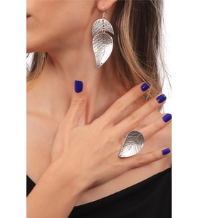 Kadın Antik Gümüş Kaplama Yaprak Model Sallantılı Küpe & Yüzük Seti