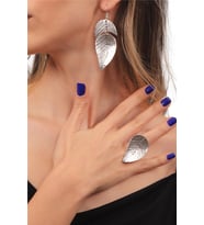 Kadın Antik Gümüş Kaplama Yaprak Model Sallantılı Küpe & Yüzük Seti