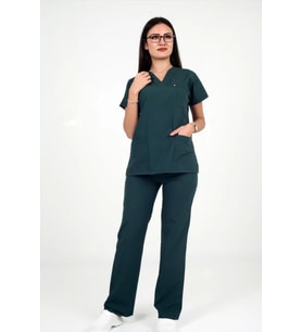 Kadın Terycotton Yarasakol Zarf Yaka Acı Yeşil Renk Scrubs Takım
