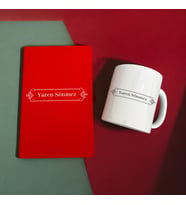 Kişiye Özel İsimli Çerçeve Tasarım Kırmızı Defter Ajanda ve Beyaz Kupa Bardak