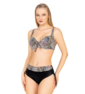Endeep Kadın Büyük Beden Balenli Destekli Renkli Leopar Desenli Bikini Takımı (Pembe-Grı)