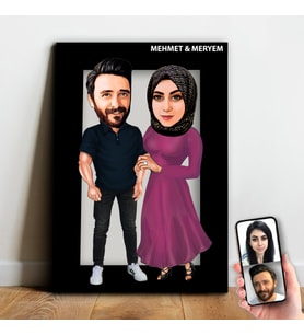 Kişiye Özel Sevgili , Evli Tesettürlü Karikatür Ahşap Tablo - mx10