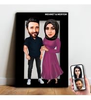 Kişiye Özel Sevgili , Evli Tesettürlü Karikatür Ahşap Tablo - mx10