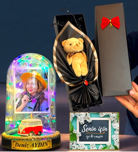 Kişiye Özel Renkli Led Işıklı Fanus ve Kutusunda Kahverengi Ayıcık Buketi (Model 2)