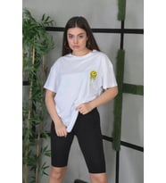 pilelistore- Unisex Bisiklet Yaka Baskılı Oversize T-Shirt - Beyaz
