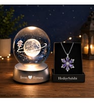 Kişiye Özel Satürn Işıklı Cam Küre 8cm*6cm Lotus Kamelya Çiçeği Kolye Hediyeli