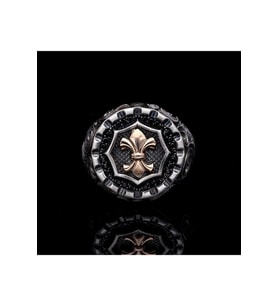 Gümüş Yüzük - Fleur De Lis Altın Kaplama 925 Ayar Gümüş Okside Sevgiliye Eşe Babaya Hediye Yüzük