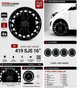 Peugeot Uyumlu 16 Inc Kırılmaz Parlak Siyah Jant Kapağı 1 Takım 4 Adet No:419