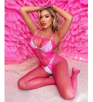 Secret Babe Pembe  Özel Bölgesi Açık Desenli File Detaylı Vücut Çorabı