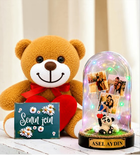 Kişiye Özel 3 Fotoğraflı Yazılı Renkli LED Işıklı Fanus ve Kalpli Peluş Ayıcık (panda temalı)