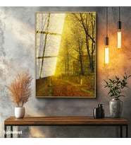 Altın Renk Metal Çerçeveli Tamperli Cam Tablo J.A. Grimshaw Sonbahar Yolu Yürüyen Figür Gündoğumu Ressam Tablosu Dekoru