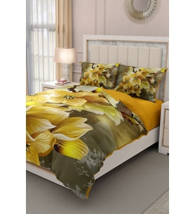 Çift Kişilik ( Lastikli Çarşaflı ) %100 Pamuk Saten Nevresim Takımı Yellow Flowers