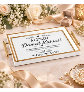 BK Gift Kişiye Özel Beyaz&Gold Söz Nişan Tepsisi-1 - 39x23 cm