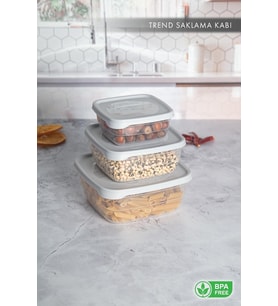 Trend Box Kare Sızdırmaz Kapak Saklama Kabı 3'lü Set Gri