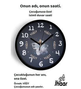 İsme Özel Uzay ve Hayvanlar Çocuk Odası Duvar Saati Orta Boy 30 cm Siyah Camlı Sessiz