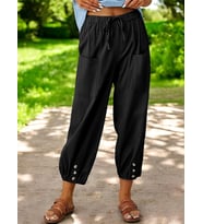 Düğme Detaylı Şık Keten Pantolon (Siyah)