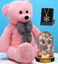 Pembe Peluş Ayıcık, Kişiye Özel Led Işıklı Fanus ve Gerçek Ametist Taşlı Lotus Kolye (Model 5)