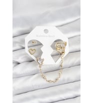 Pirinç Gold Renk Kalp Model Zincir Bağlantılı Ear Cuff Küpe Seti - TJ-BKP11541