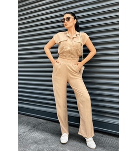 Tensel Keten Kumas Pantolon Crop Takım  - KAHVERENGİ