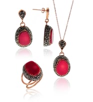 Söğütlü Silver Gümüş mercan taşlı otantik üçlü set