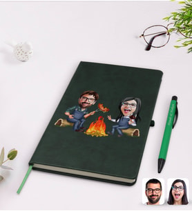 BK Gift Kişiye Özel Sevgililer Karikatürlü Yeşil Termo Deri Defter Kalem Seti Model 95