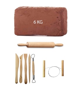 Kahve Çamur Kırmızı Kil Seramik Hamuru 6 kg Ebeşuar Seti Ahşap Merdane Seramik Çamur Kesme Teli
