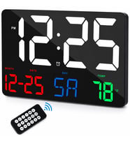 Dijital Duvar Saati Büyük Ekran 25x16 cm Renkli LED Tarih Gün Sıcaklık Alarm Uzaktan Kumandalı