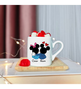 Minnie Mouse & Mickey Mouse Çift Tasarımlı Ahşap Tabaklı Kişiye Özel Türk Kahvesi Fincanı