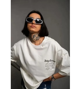 Unisex Bisiklet Yaka Baskılı Oversize T-Shirt - Beyaz