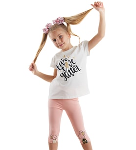 Sevimli Fareler Kız Çocuk T-shirt Tayt Takım (Krem)