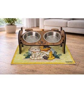 always the best Ahşap Köpek Mama ve Su Kabı ile Kedi Köpek Paspası - Demonte Köpek Mama Su Kabı, Çift Hazneli Seramik Mama ve Su Kabı - Ayarlanabilir Kedi Köpek Mama Kabı (Metal)