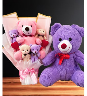 Pembe Peluş Ayıcık Buketi Ayıcıklı Peluş Buket ve 35cm Mor Ayıcık - Sevgiliye Hediye - Sevgiliye Ozel