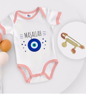 BK Kids Kişiye Özel Maşallah Tasarımlı Pembe Bebek Body Zıbın ve Kız Bebek İğnesi Hediye Seti-1